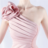 One Shoulder Pleats Flower Prom Dress