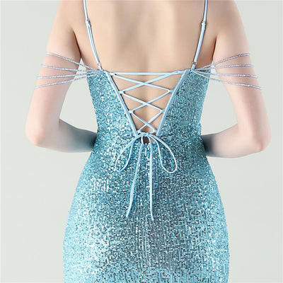 Mermaid Sequins Spaghetti Straps Pleats Beading Prom Dress