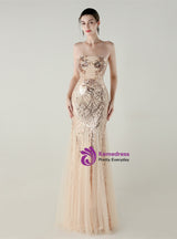 Mermaid Tulle Sequins Strapless Beading Prom Dress