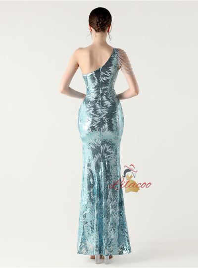 One Shoulder Mermaid Sequins Beading Prom Dress