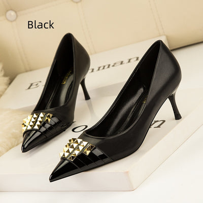 Thin High Heel Pointed Rivet Color Matching Shoes