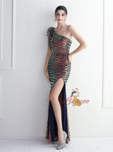 Mermaid Sequins One Shoulder Split Prom Dress