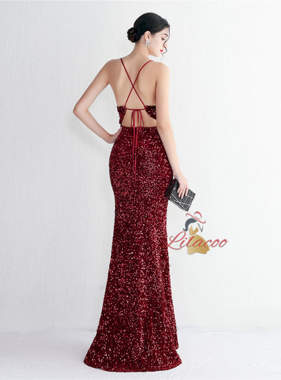 Spaghetti Straps Mermaid Sequins Split Prom Dress