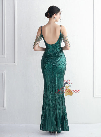 Spaghetti Straps Mermaid Beading Prom Dress