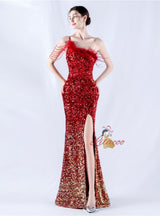 One Shoulder Mermaid Sequins Feather Split Prom Dress