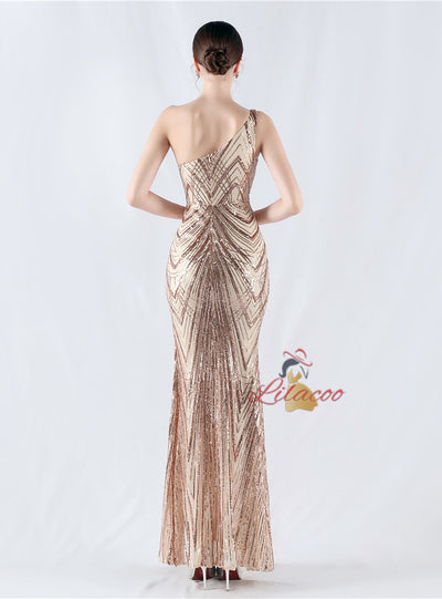 Mermaid Sequins One Shoulder Beading Prom Dress