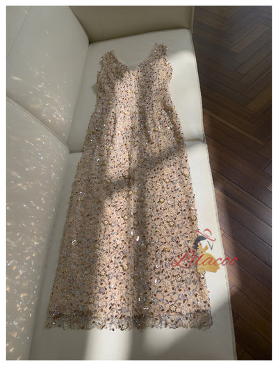 Gold Sequins V-neck Beading Prom Dress