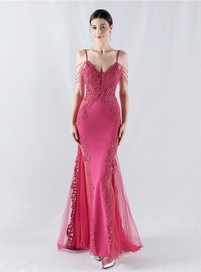 Mermaid Sequins Spaghetti Straps Appliques Prom Dress