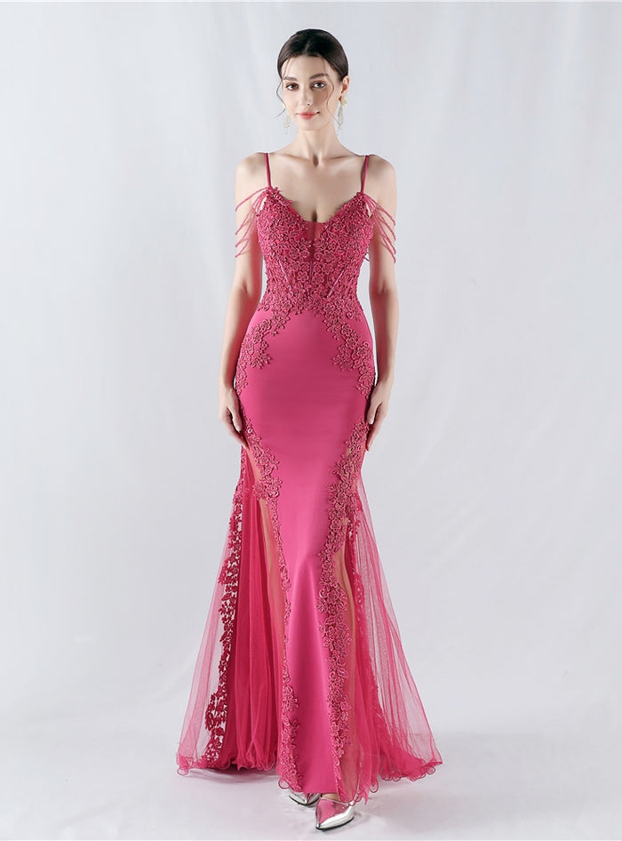 Mermaid Sequins Spaghetti Straps Appliques Prom Dress