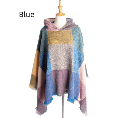 Plaid Pullover Cape Hooded Cape Shawl