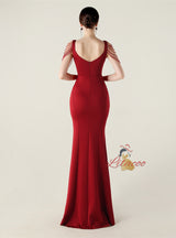 Mermaid Split Straps Pleats Beading Prom Dress