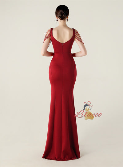 Mermaid Split Straps Pleats Beading Prom Dress