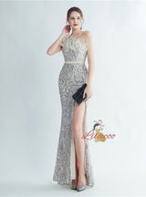 Mermaid Sequins One Shoulder Beading Split Prom Dress