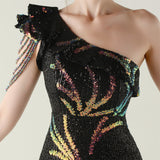 Black Mermaid Sequins One Shoulder Beading Prom Dress