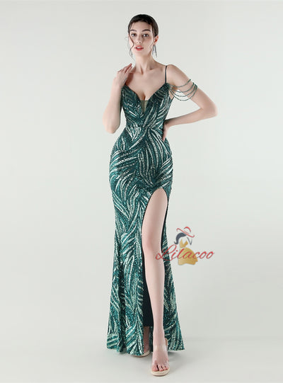 Mermaid Spaghetti Straps Sequins Split Beading Prom Dress