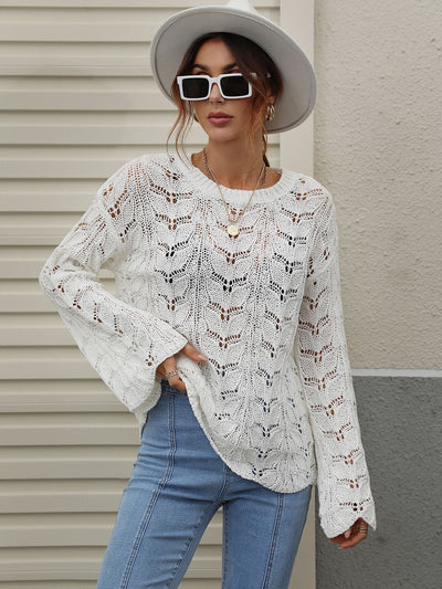 Crocheted Hollow Pullover Round Neck Loose Sweater