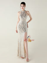 Mermaid Sequins Halter Backless Beading Prom Dress