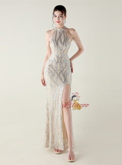 Mermaid Sequins Halter Backless Beading Prom Dress