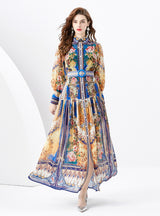 Palace Lapel Lantern Sleeve Long Retro Print Dress