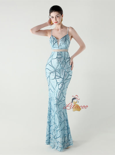 Mermaid Sequins Spaghetti Straps Beading Prom Dress