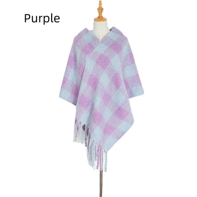 Thick Tassels Padded Plaid Shawl Cloak