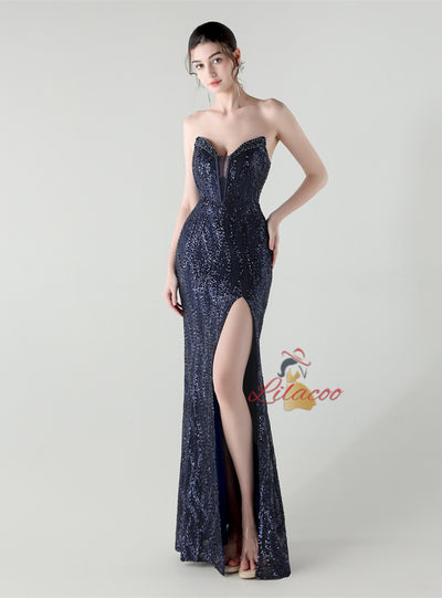 Mermaid Sequins Strapless Split Beading Prom Dress