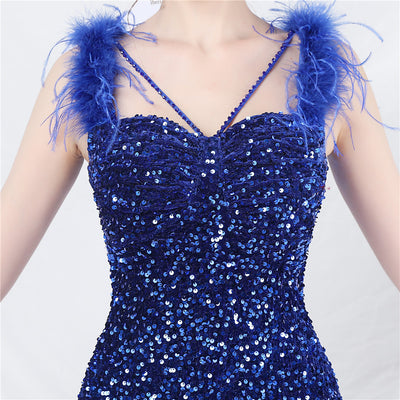 Short Sequins Straps Feather Prom Dress