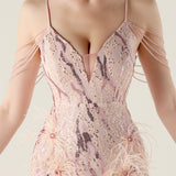 Mermaid Sequins Spaghetti Straps Feather Prom Dress