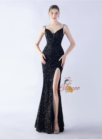 Spaghetti Straps Mermaid Sequins Prom Dress