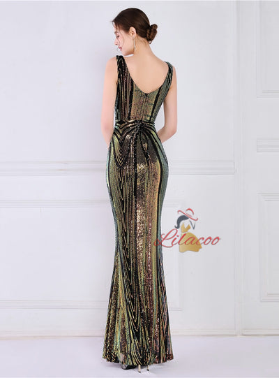 Mermaid Sequins V-neck Long Prom Dress