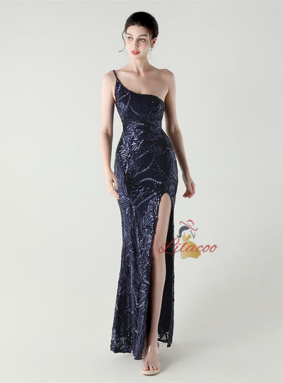 Mermaid One Shoulder Sequins Split Prom Dress