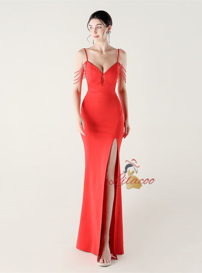 Mermaid Spaghetti Straps Beading Split Prom Dress