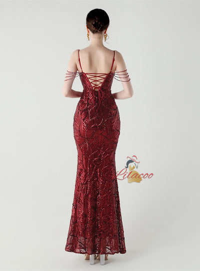 Mermaid Sequins Spaghetti Straps Beading Prom Dress