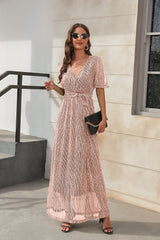 V-neck High Waist Split Short Sleeve Dress