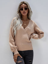 Cross V-neck Solid Color Pullover Loose Sweater