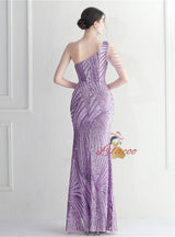 One Shoulder Sequins Beading Split Prom Dress