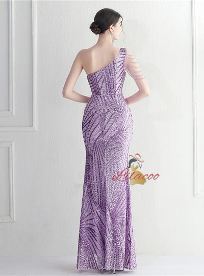 One Shoulder Sequins Beading Split Prom Dress