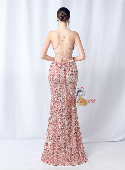 Mermaid Sequins Spaghetti Straps Backless Prom Dress