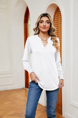 Solid Color V-neck Loose Long Sleeve T-shirt