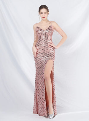 Spaghetti Straps Sequins Beading Prom Dress