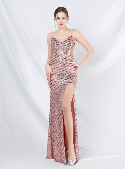 Spaghetti Straps Sequins Beading Prom Dress