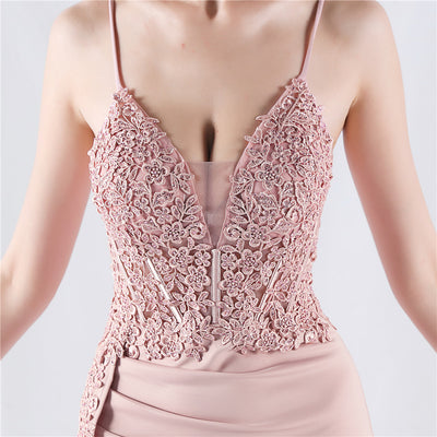 Mermaid Spaghetti Straps Lace Appliques Split Prom Dress