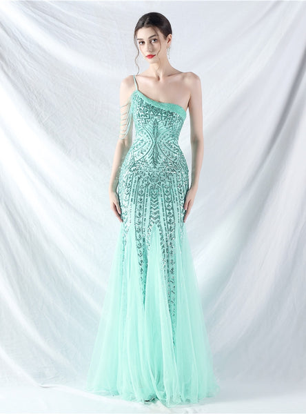 One Shoulder Sequins Beading Prom Dress