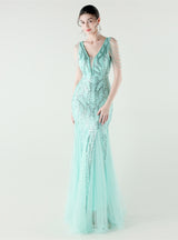 Mermaid Sequins Tulle V-neck Beading Prom Dress