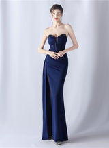 Mermaid Strapless Pleats Beading Split Prom Dress