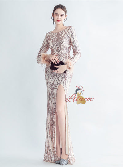 Long Sleeve Split Sequins Prom Dress