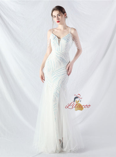 Spaghetti Straps Sequins Beading Prom Dress