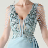 V-neck Appliques Split Beading Prom Dress