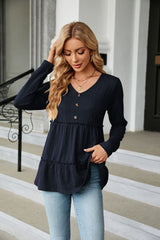 Solid Color V-neck Button Loose Long Sleeve T-shirt