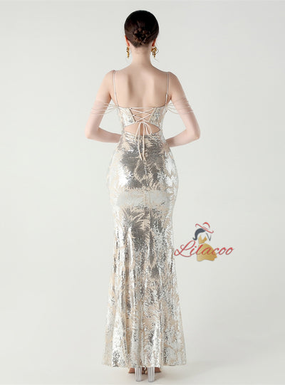 Mermaid Sequins Spaghetti Straps Split Beading Prom Dress